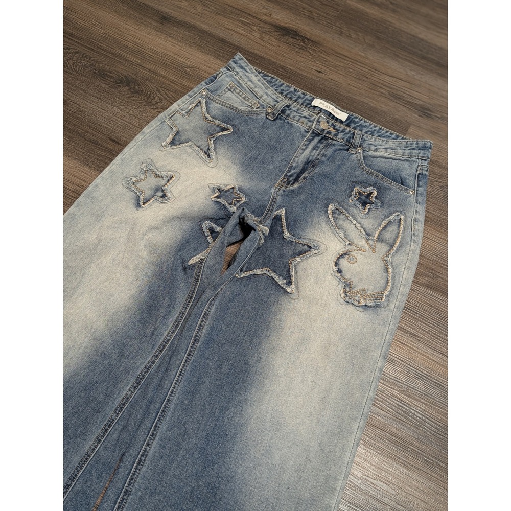 Playboy Star Patchwork Wide‎ Leg Jeans Light Wash Distressed Blue Denim Size 9